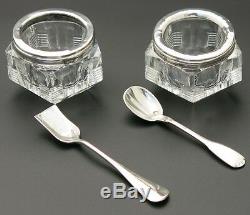 Antique Vintage Art Deco French Sterling Silver & Crystal Open Salt Cellars Pair