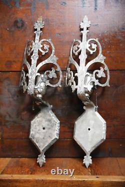 Antique Vintage Light Wall Sconce Pair Arts Crafts Tudor Gothic silver lamps