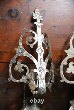 Antique Vintage Light Wall Sconce Pair Arts Crafts Tudor Gothic silver lamps