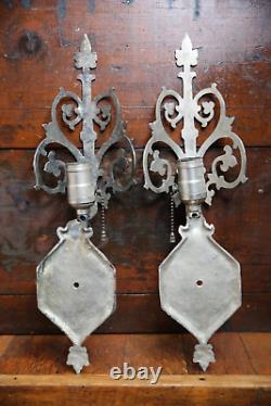 Antique Vintage Light Wall Sconce Pair Arts Crafts Tudor Gothic silver lamps