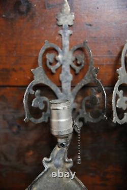 Antique Vintage Light Wall Sconce Pair Arts Crafts Tudor Gothic silver lamps