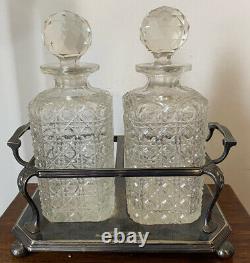 Antique Vintage Pair A1 Silver Plated Hobnail Cut Glass Decanters Tantalus Stand