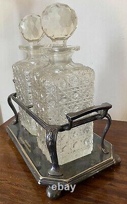 Antique Vintage Pair A1 Silver Plated Hobnail Cut Glass Decanters Tantalus Stand