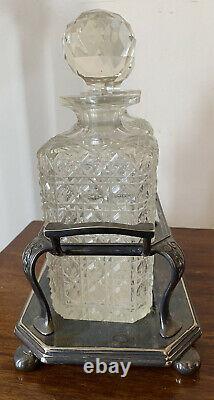 Antique Vintage Pair A1 Silver Plated Hobnail Cut Glass Decanters Tantalus Stand