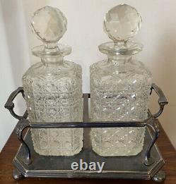 Antique Vintage Pair A1 Silver Plated Hobnail Cut Glass Decanters Tantalus Stand