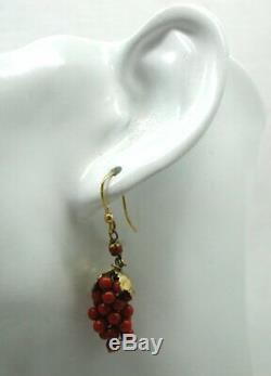 Antique / Vintage Pair Of Gold Gilded Silver And Coral Bunch Of Grapes Earrings