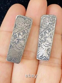 Antique Vintage Pair Of Victorian Sterling Silver Flower BABY Etched Pin