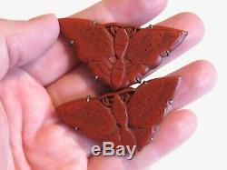 Antique Vintage Pair Set Chinese Export Carved Cinnabar Lacquer Moth Dress Clips