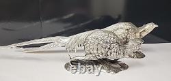 Antique Vintage Pair of Silver Plate Metal PHEASANT Sculptures 19x 5 x 3
