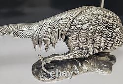 Antique Vintage Pair of Silver Plate Metal PHEASANT Sculptures 19x 5 x 3