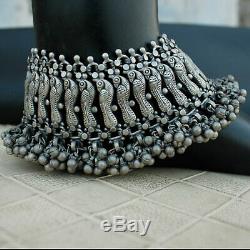 Antique Vintage Tribal Anklet Pair Peacock Handmade 925 Silver Bohemian Jewelry