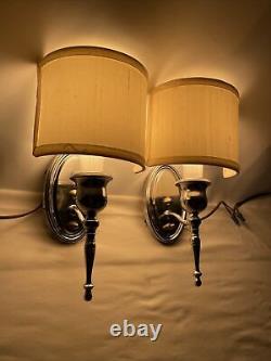 Antique Vtg PAIR Art Deco Nickel Wall Sconce 1920s 1930s 1940s Fabric Lamp Shade