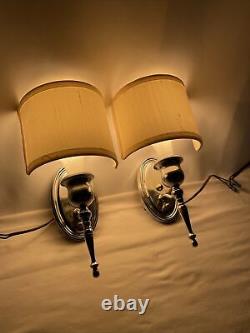 Antique Vtg PAIR Art Deco Nickel Wall Sconce 1920s 1930s 1940s Fabric Lamp Shade