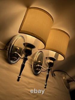 Antique Vtg PAIR Art Deco Nickel Wall Sconce 1920s 1930s 1940s Fabric Lamp Shade