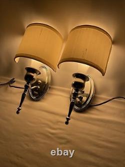 Antique Vtg PAIR Art Deco Nickel Wall Sconce 1920s 1930s 1940s Fabric Lamp Shade