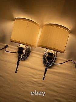 Antique Vtg PAIR Art Deco Nickel Wall Sconce 1920s 1930s 1940s Fabric Lamp Shade