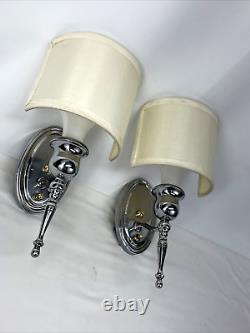 Antique Vtg PAIR Art Deco Nickel Wall Sconce 1920s 1930s 1940s Fabric Lamp Shade