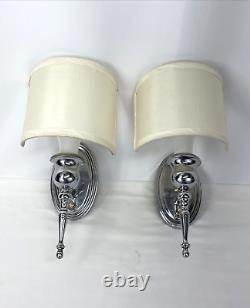 Antique Vtg PAIR Art Deco Nickel Wall Sconce 1920s 1930s 1940s Fabric Lamp Shade