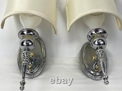 Antique Vtg PAIR Art Deco Nickel Wall Sconce 1920s 1930s 1940s Fabric Lamp Shade