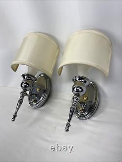 Antique Vtg PAIR Art Deco Nickel Wall Sconce 1920s 1930s 1940s Fabric Lamp Shade