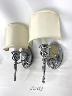 Antique Vtg PAIR Art Deco Nickel Wall Sconce 1920s 1930s 1940s Fabric Lamp Shade