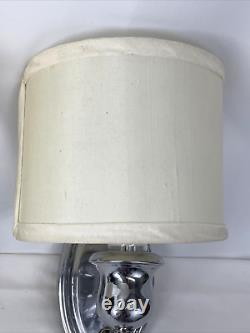 Antique Vtg PAIR Art Deco Nickel Wall Sconce 1920s 1930s 1940s Fabric Lamp Shade