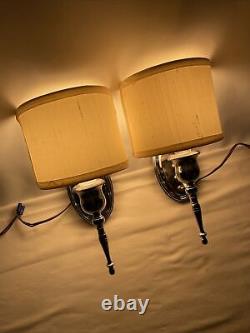 Antique Vtg PAIR Art Deco Nickel Wall Sconce 1920s 1930s 1940s Fabric Lamp Shade