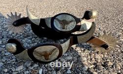 Antique Vtg Western Cowboy Silver Western Steer Overlay Spurs Pair Brass Nickel