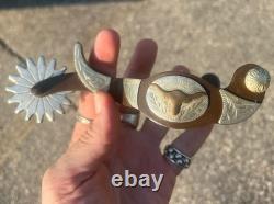 Antique Vtg Western Cowboy Silver Western Steer Overlay Spurs Pair Brass Nickel