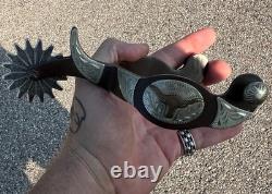 Antique Vtg Western Cowboy Silver Western Steer Overlay Spurs Pair Brass Nickel