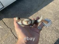 Antique Vtg Western Cowboy Silver Western Steer Overlay Spurs Pair Brass Nickel