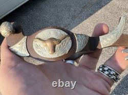 Antique Vtg Western Cowboy Silver Western Steer Overlay Spurs Pair Brass Nickel