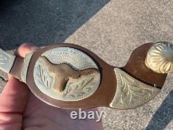 Antique Vtg Western Cowboy Silver Western Steer Overlay Spurs Pair Brass Nickel