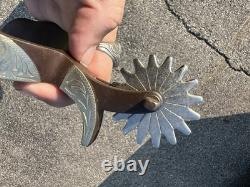 Antique Vtg Western Cowboy Silver Western Steer Overlay Spurs Pair Brass Nickel
