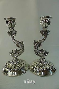 Antique/vintage silver pair of highly detailed fish shaped candle stick holders