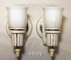 Art Deco Light Fixture Porcelain Sconce Pair Vtg Silver Ceramic Rewired USA #B35