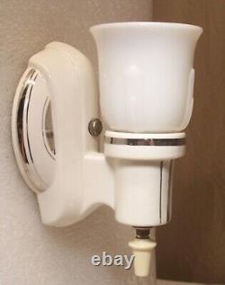 Art Deco Light Fixture Porcelain Sconce Pair Vtg Silver Ceramic Rewired USA #B35