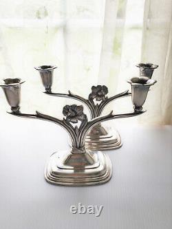 Art Deco Silver Plated Pair of Candle Holders Two Branch Vintage Silver Plated