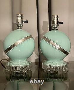 Art Deco Vintage Turquoise Blue & Silver Boudoir Table Lamps, A Pair, Rewired 8