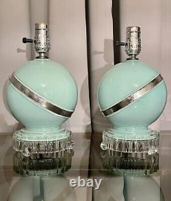 Art Deco Vintage Turquoise Blue & Silver Boudoir Table Lamps, A Pair, Rewired 8