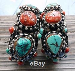 (B) Pair Vintage Sterling Silver Turquoise Coral Bracelets Cuffs Nepal Tibet