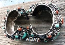 (B) Pair Vintage Sterling Silver Turquoise Coral Bracelets Cuffs Nepal Tibet
