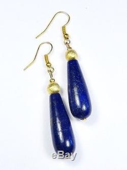 Beautiful Pair Vintage Silver Gilt Natural Lapis Lazuli Long Drop Earrings