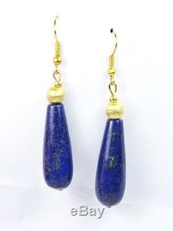 Beautiful Pair Vintage Silver Gilt Natural Lapis Lazuli Long Drop Earrings