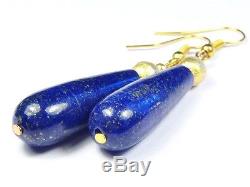 Beautiful Pair Vintage Silver Gilt Natural Lapis Lazuli Long Drop Earrings