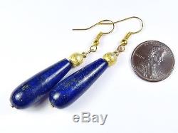 Beautiful Pair Vintage Silver Gilt Natural Lapis Lazuli Long Drop Earrings