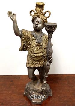 Blackamoor ANTIQUE Pair BRONZE Candle Holder 16 STATUE with TORCH Heavy VINTAGE
