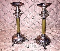 CAMUSSO PAIR OF VINTAGE STERLING SILVER CANDLE STICKS WithGREEN ONYX 12 1/2 TALL