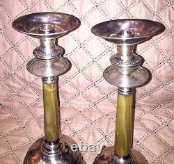 CAMUSSO PAIR OF VINTAGE STERLING SILVER CANDLE STICKS WithGREEN ONYX 12 1/2 TALL