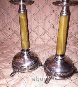 CAMUSSO PAIR OF VINTAGE STERLING SILVER CANDLE STICKS WithGREEN ONYX 12 1/2 TALL